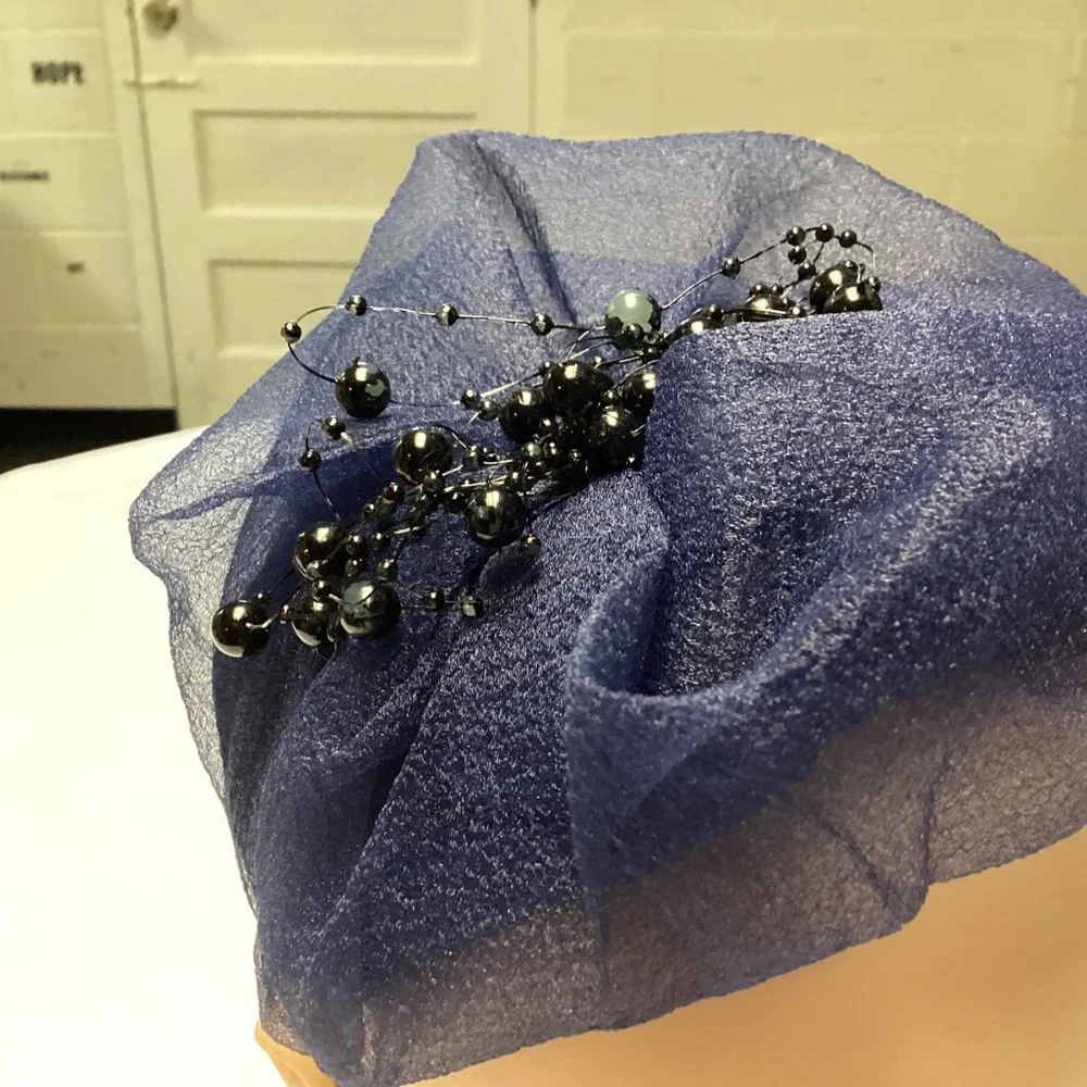 Navy vintage head covering all handmade lace and beads - Picture 5 of 6
